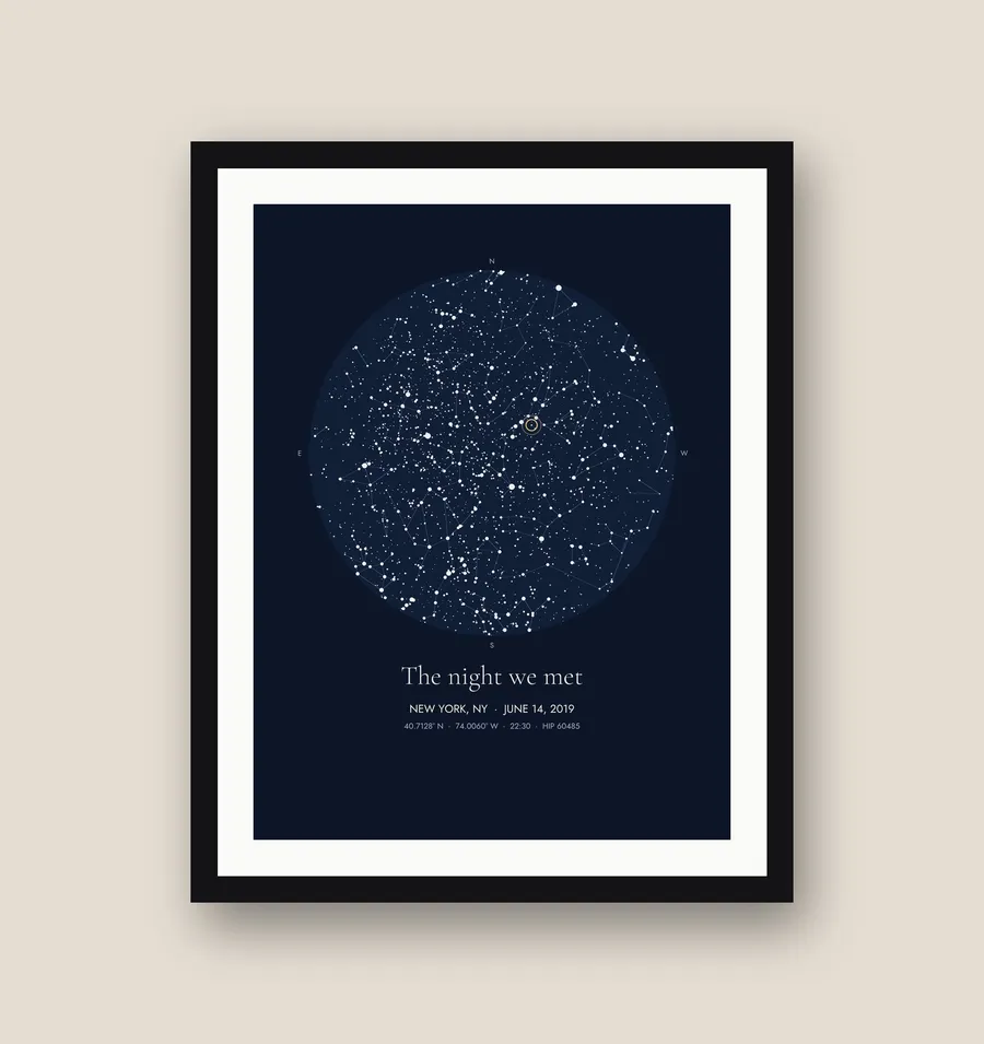 Framed night-sky print in a black frame: a circular star map of New York on June 14, 2019, titled The night we met, with one star circled in gold.